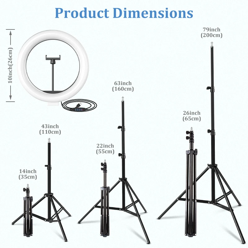 写真撮影用のLEDリングライト,26cm,三脚と電話クリップ付きの自撮り用ライトリング,調光可能なLEDビデオ