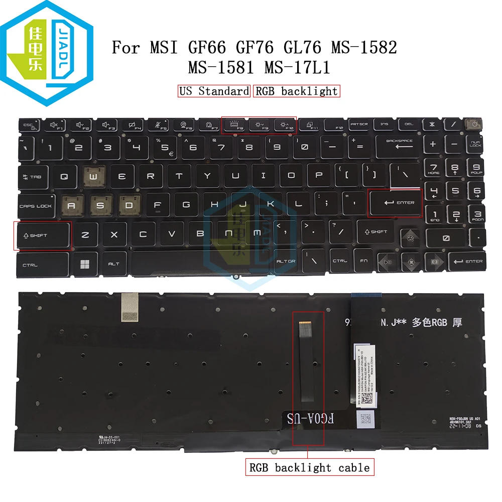 

US RU RGB Backlit Keyboard For MSI Katana GF66 GF76 Pulse GL66 GL76 MS-1582 MS-1581 1583 MS-17L1 17H3 English Russian NSK-FG1ABN