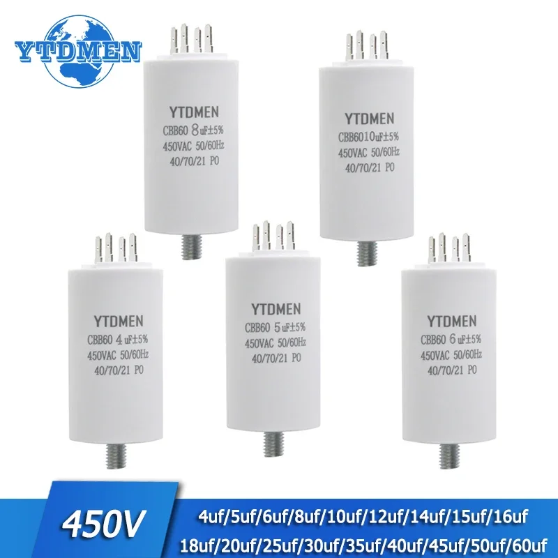 1PCS CBB60 450V Starting Capacitor Motor Run Capacitors 4UF-60UF 4 Pin with Screws for Electric Motor/washing Machine 10uf 20uf