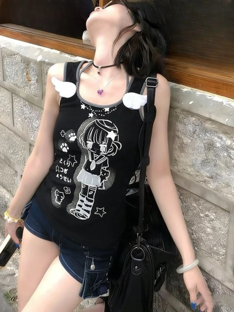 Japanese Cartoon Printing Wing Cute Women Tank Top Fake Two Pieces Grunge Casual Vest Vintage Harajuku Slim Fit Camisoles Summer