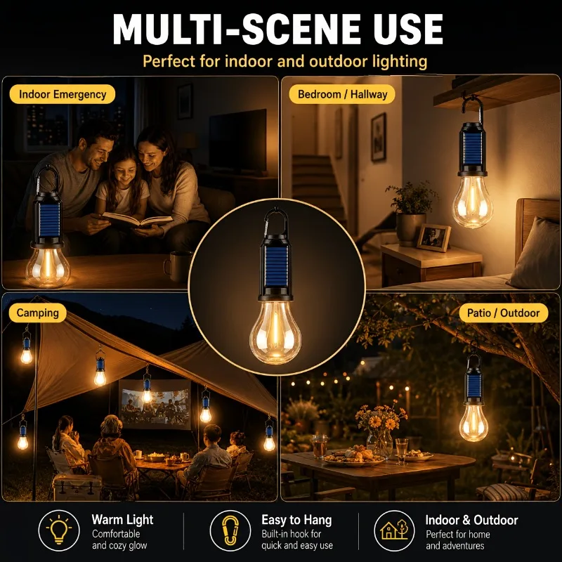 1/2/4/6Pack Solar Rechargeable LED Camping Lights with Hanging Hooks Portable Bulb Lanterns for Tents Hiking Patio BBQ Emergency