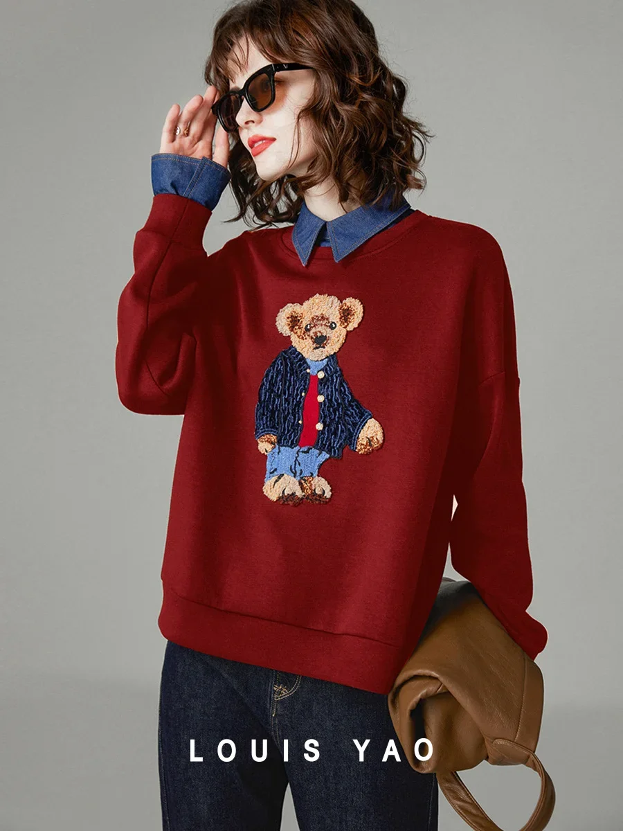 LOUIS YAO Women's Sweatshirts 2024 Spring Heavy Applique Embroidered Bear College Style Denim Splicing Fake Two-piece Hoodies