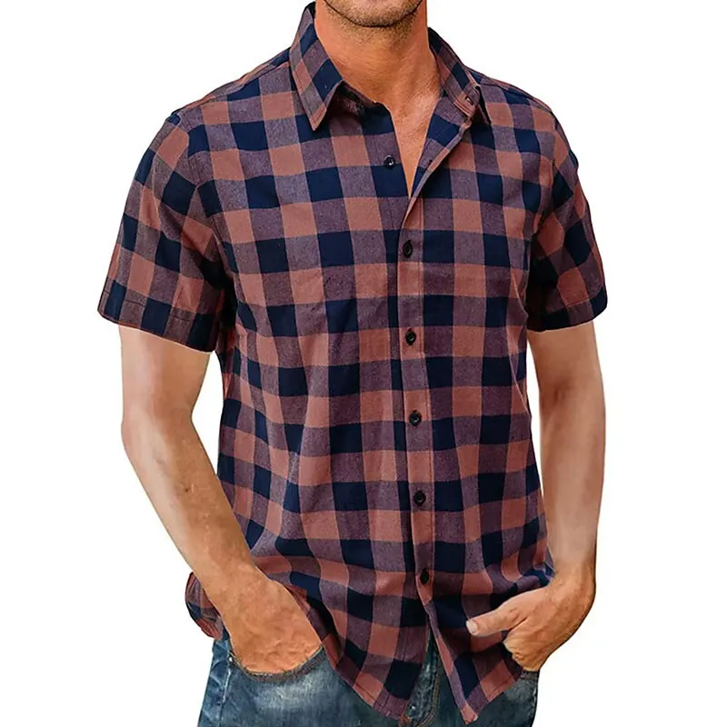 Men\'s Summer Shirts Casual Loose Short Sleeves Plaid Lapel Street Resort Wear Fashionable Comfort Soft Design Hawaiian Tops