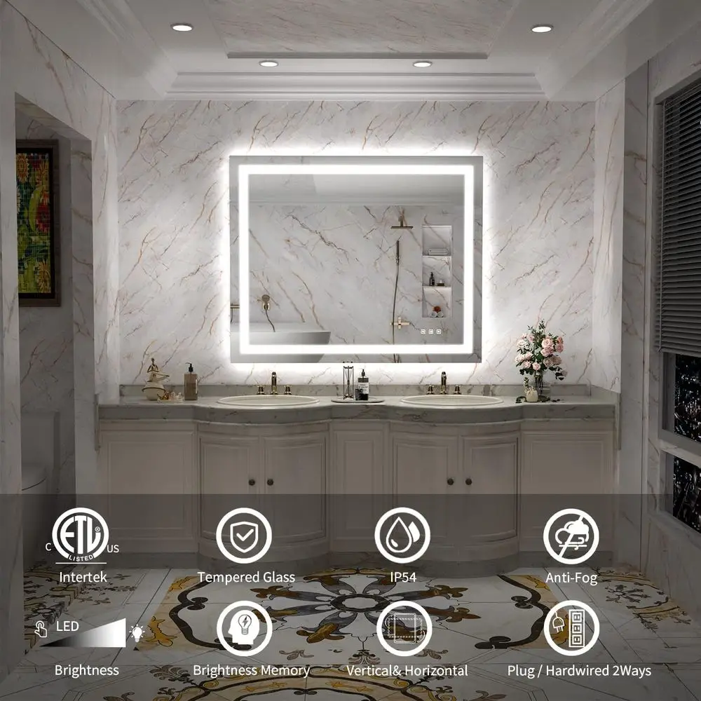 مرآة زينة للحمام بإضاءة خلفية LED مقاس 44 × 36 بوصة مع 3 أضواء ملونة، مقاومة للكسر، مضادة للضباب، ذاكرة سطوع