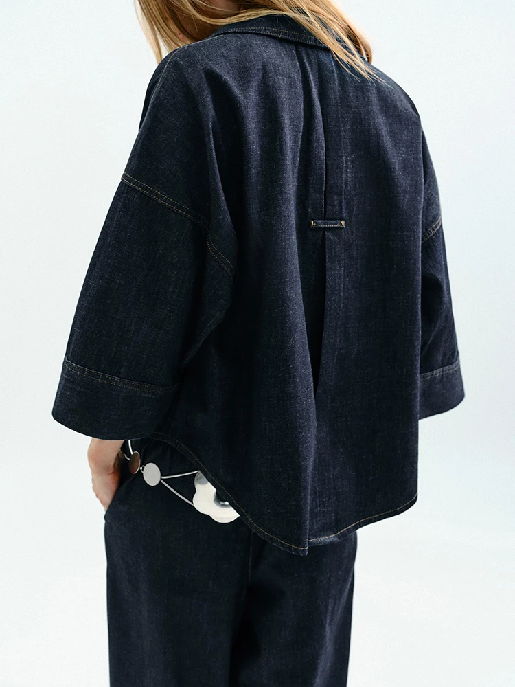 

Ele Sweet Wide Sve Faionable Collar Denim irt Women's New Arrival Autumn Season Commute Sle Loose Fit Seven Button