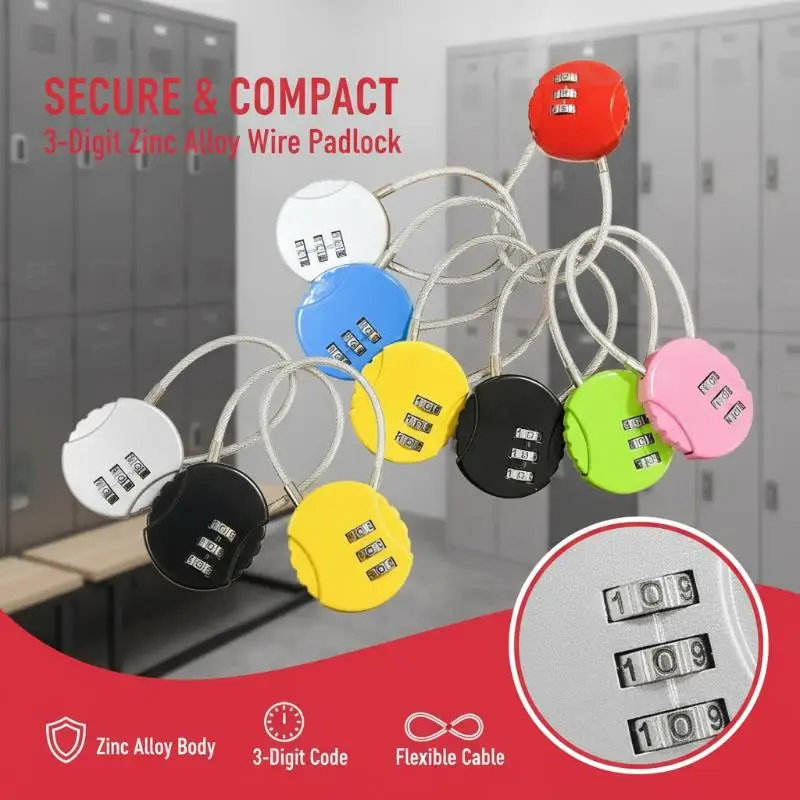 3 Digit Cable Combination Padlock Flexible Wire Password Lock Anti Theft Security Lock For Luggage Backpack Travel Cabinet Use