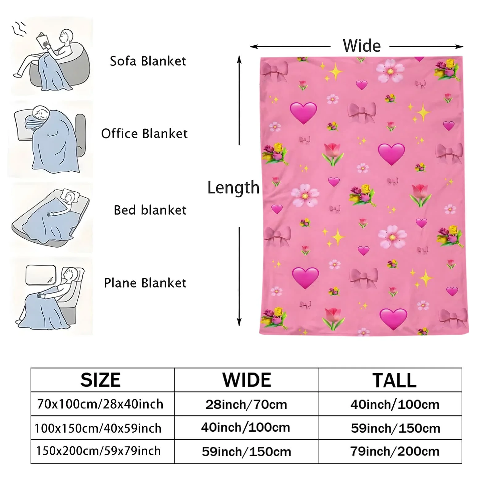 Coperta in pile floreale con fiocco a cuore rosa - Morbido motivo dolce per divano da camera da letto, angolo per ragazze, ideale per i fan dei bambini Kawaii
