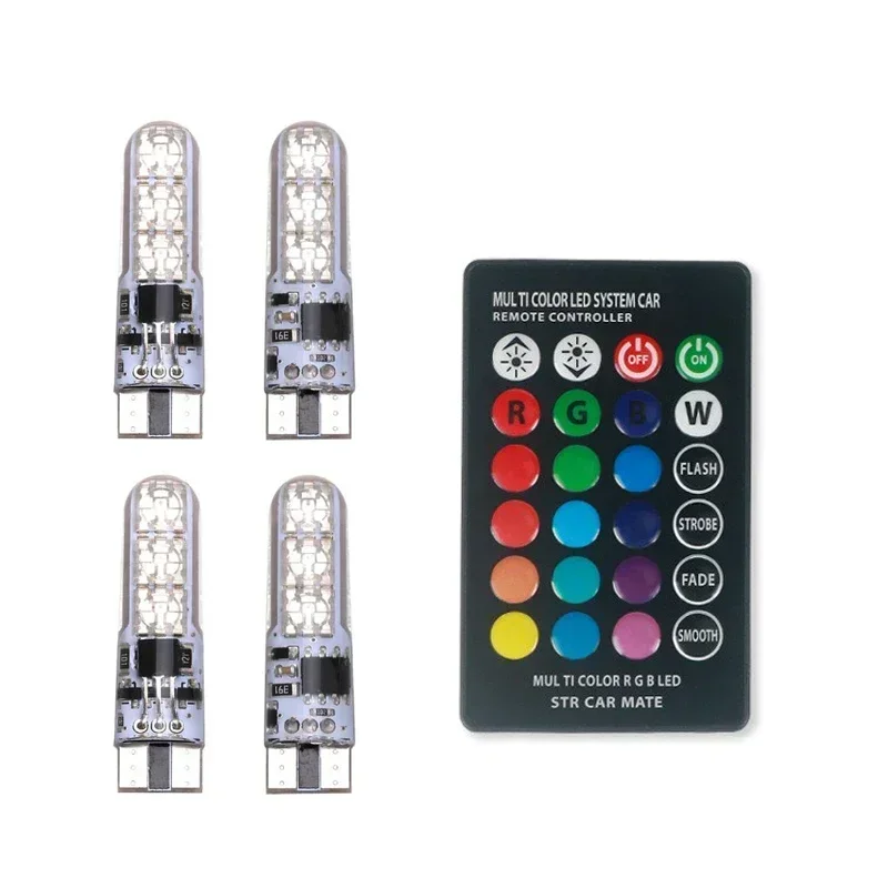 4 PCS T10 Silicone 5050-6SMD LED Remote Control Reading Light RGB Colorful License Plate Mini Lamp for Car/Motorcycle