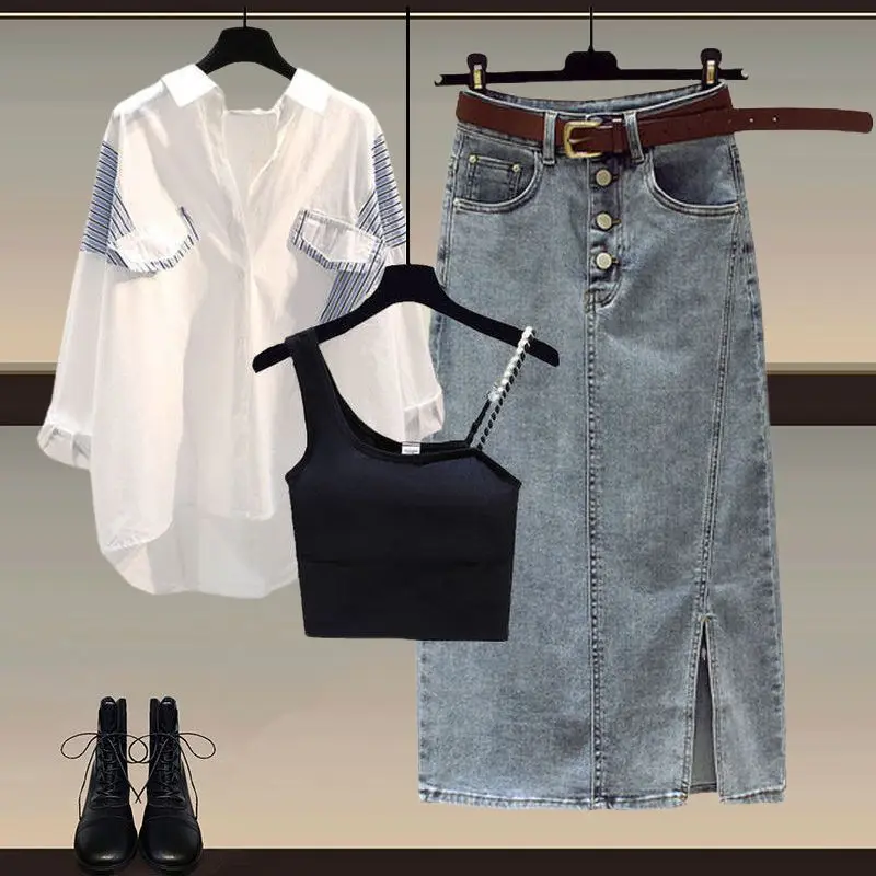Spring and Autumn Season Set Women's 2024 New Korean Striped Shirt with Hanging Straps and Cowboy Skirt Three Piece Set