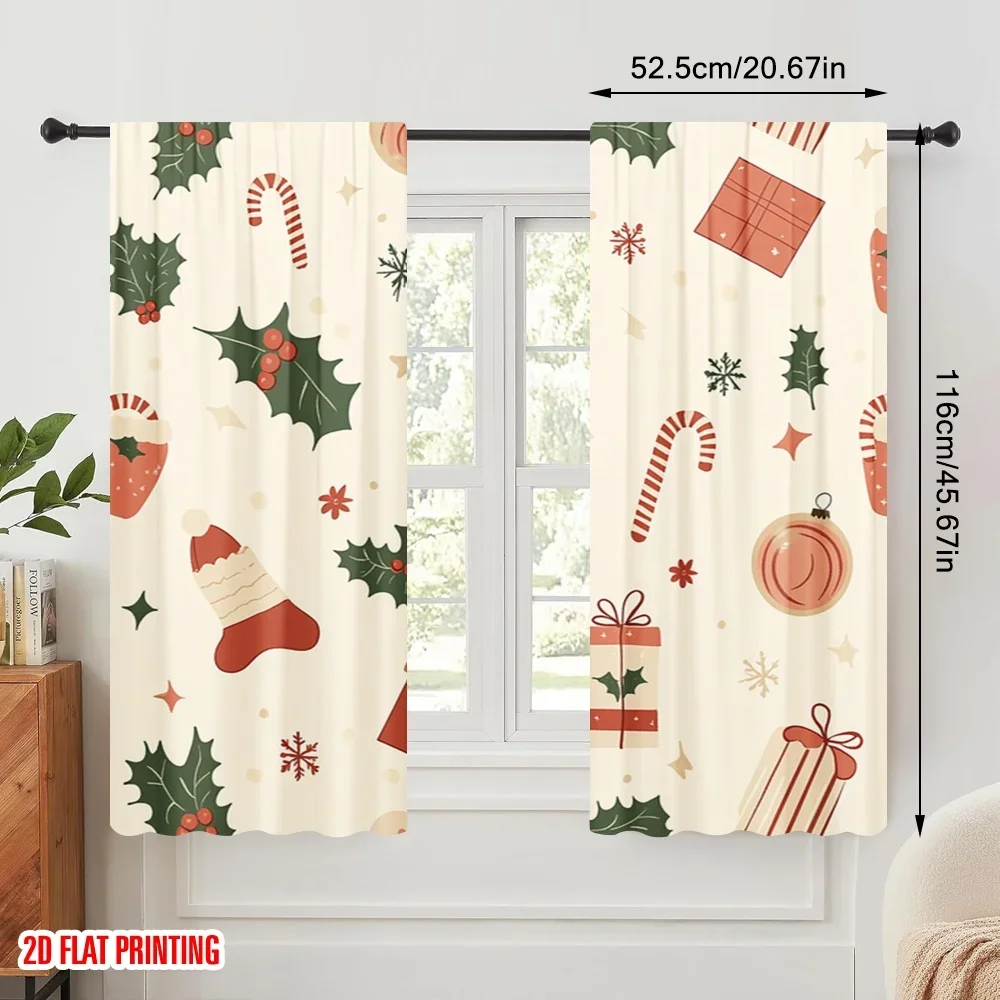 2pcs,2D plane printing Curtains Digital Printed Christmas Baubles Candy Canes Gifts (3) Versatile Polyester Fabric (without rod)