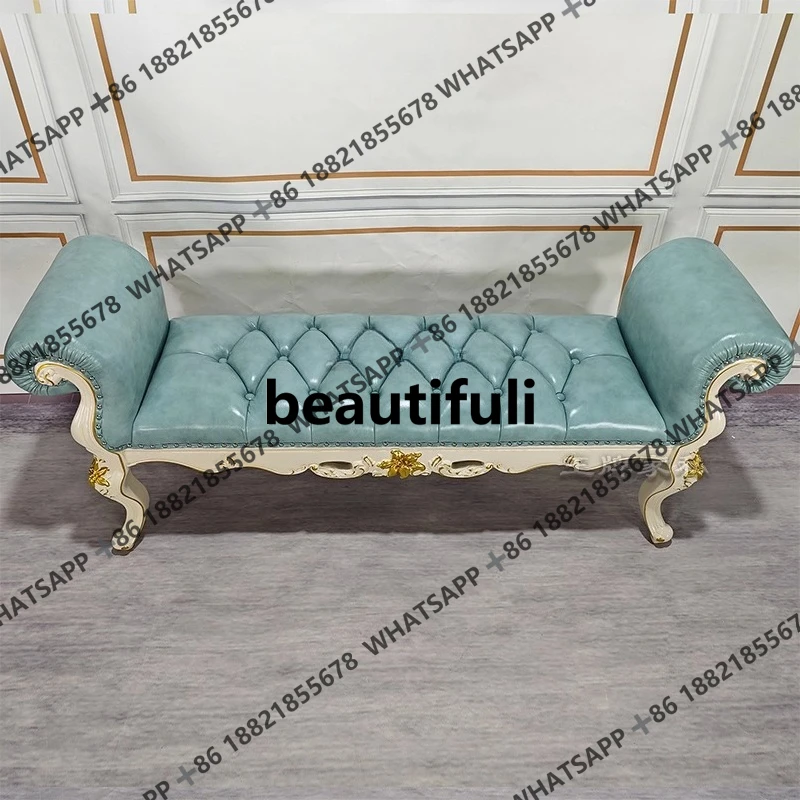 Solid wood bedside stool bedroom soft bag carved bed changing shoes leather ivory white small sofa bench