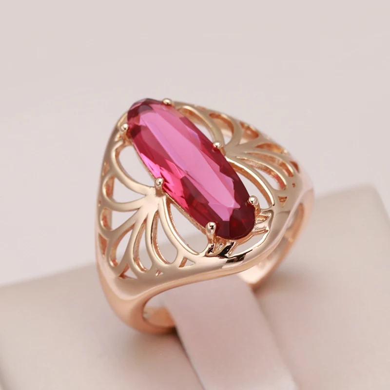 Kinel novo oval vermelho natural zircão grande anel moda 585 rosa cor de ouro feminino oco flor vintage anel étnico jóias de casamento