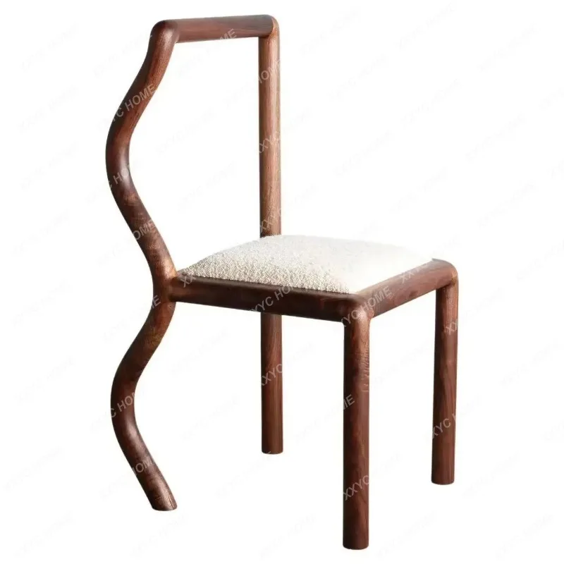HH Black Walnut Solid Wood Retro Dining Chair  Lamb Wool Creative Makeup Chair  Model Room Backrest Chair