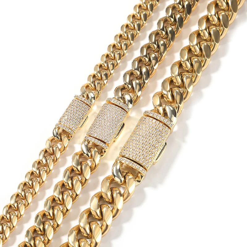 

8-12mm Bling Iced Out Stainless Steel Cuban Miami Chains Necklaces CZ Zircon Box Lock Link Chain for Men Hip Hop Rock jewelry