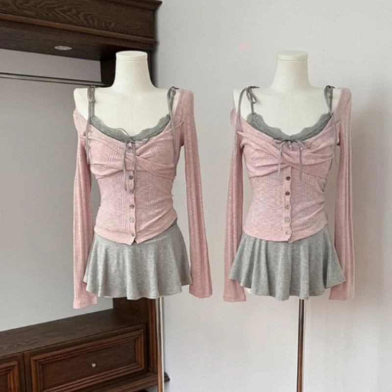 Spring Y2k Aesthetic 2 Pieces Set Women Autumn V-Neck Sexy Pleated Tops +Gray Sweet Bandage Straples Vest Fairy Grunge Suit
