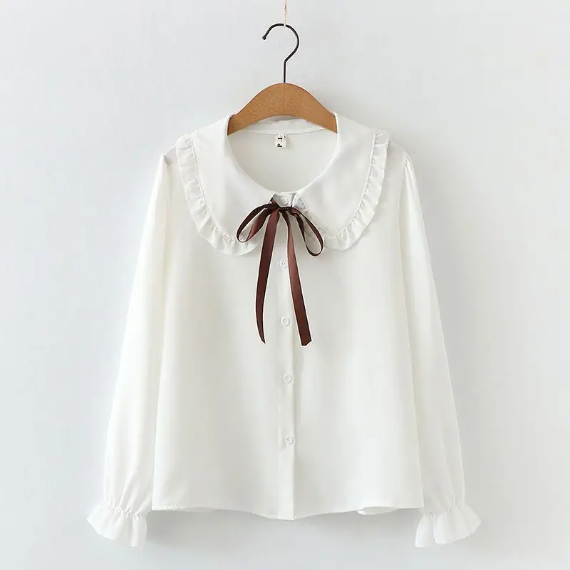 2025 New Kids' Korean Style Ruffled Collar Lace Trim Layering Blouse for Girls Children Medium Large Size Stylish Basic Shirt