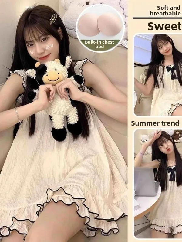 

Summer New Sweet Princ Sle Bubble Cotton Strap Spwear Women's Home Clothes Set without Sve Comfortable Cotton Blend