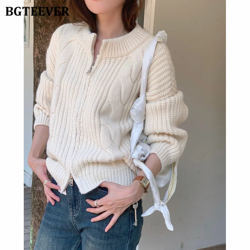 

BGTEEVER Autumn Winter Warm Ladies Knitted Cardigans Long Sleeve Loose Female Zipper Up Sweaters