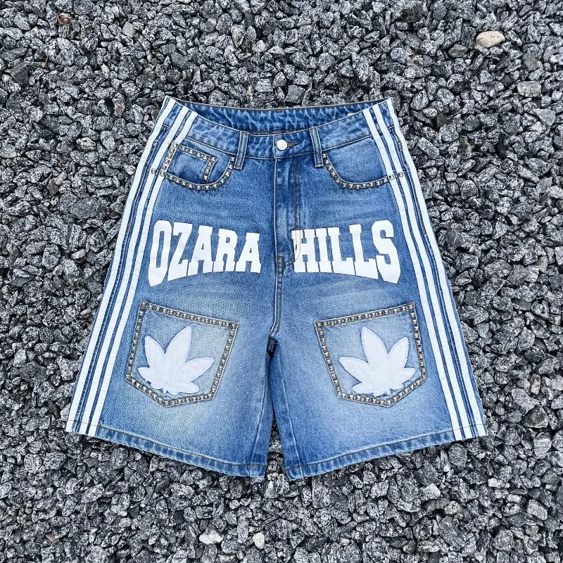 Y2k studded striped denim shorts Men new summer monogram embroidered casual pants Harajuku Fashion punk rock Goth shorts