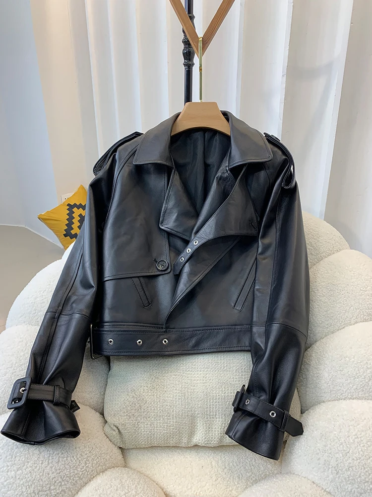 European Style Genuine Sheepskin Coat Women's Lapel Irregular Placket Real Leather Jacket Fashion Motorcycle Coats and Jackets