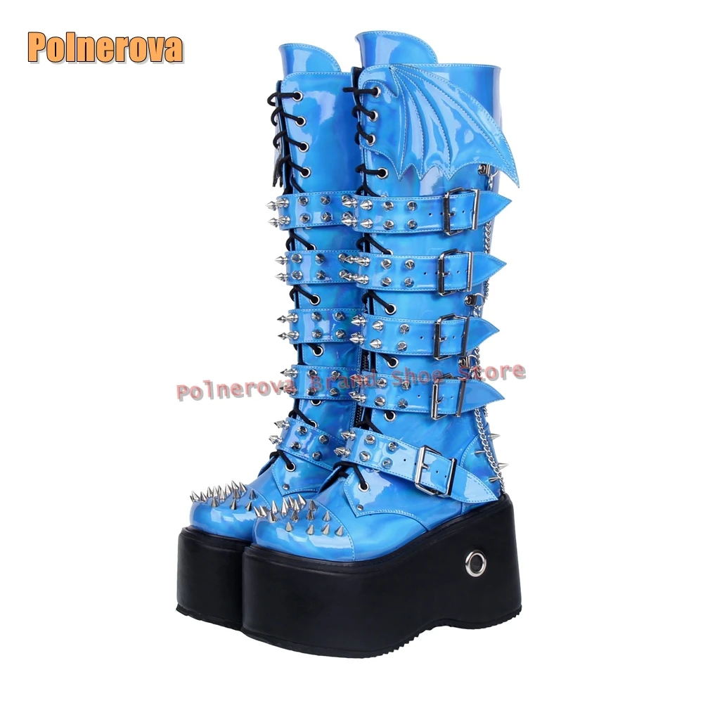 

Wing Decoration Punk Rivet Motorcycle Boots Round Toe Wedge Belt Buckle Platform Patchwork Couple Knee High Boots 2026 Y2K Trend