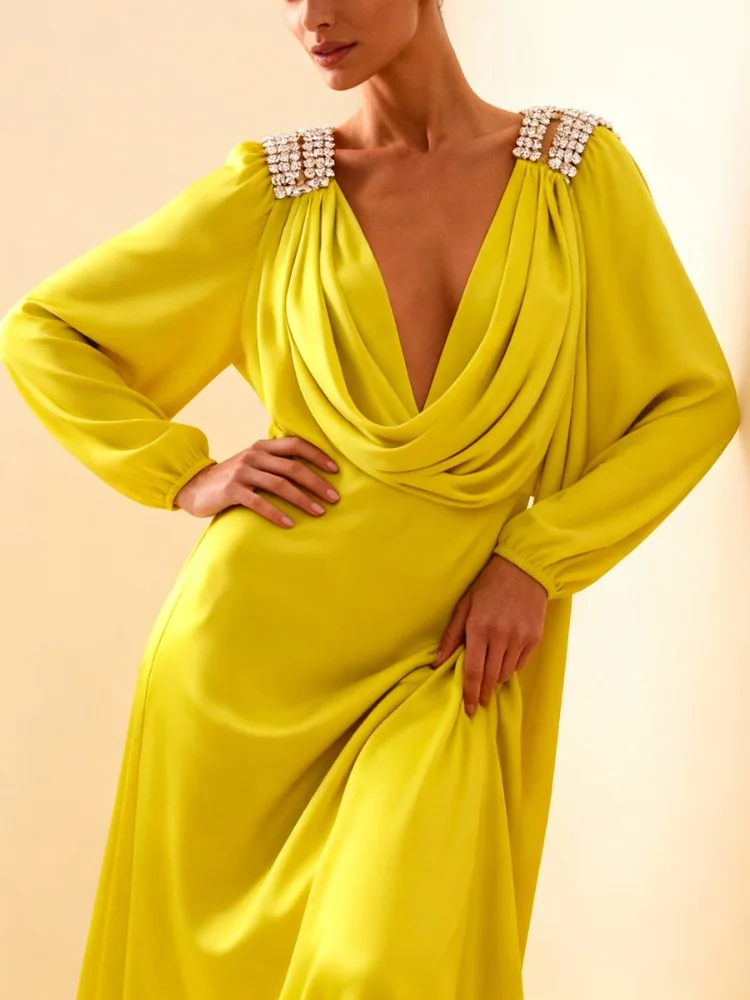 Freeacy Damesjurk met gele V-hals en lange mouwen 2026 Lentemode Satijn Verfraaide schouder Elegante avondjurken