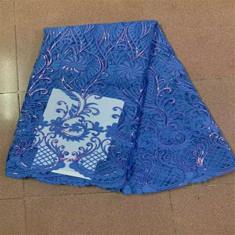 

Blue Latest African Sequins Tulle Lace Fabric High Quality 2023 Nigerian Mesh Lace Fabric 5 Yards for Wedding Dresses
