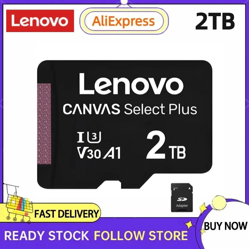 Lenovo-Cartão Micro TF SD para Câmera, Cartão de Memória Flash, Grande Capacidade, Câmera de Monitoramento, A2, U3, 2TB, 1TB, 512GB