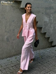 Clacive Summer Loose Pink Cotton 2 Piece Set Women Outfit 2025 Fashion Sleeveless Tank Top With High Waist Wide Pants Set Female