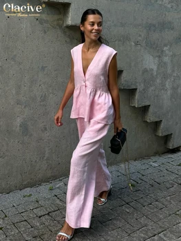 Clacive Summer Loose Pink Cotton 2 Piece Set Women Outfit 2025 Fashion Sleeveless Tank Top With High Waist Wide Pants Set Female