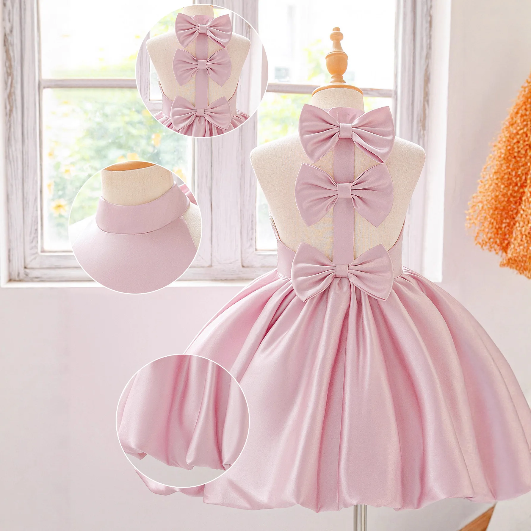 Girl's new princess dress sleeveless backless hanging neck, stylish bow bow children's fluffy skirt