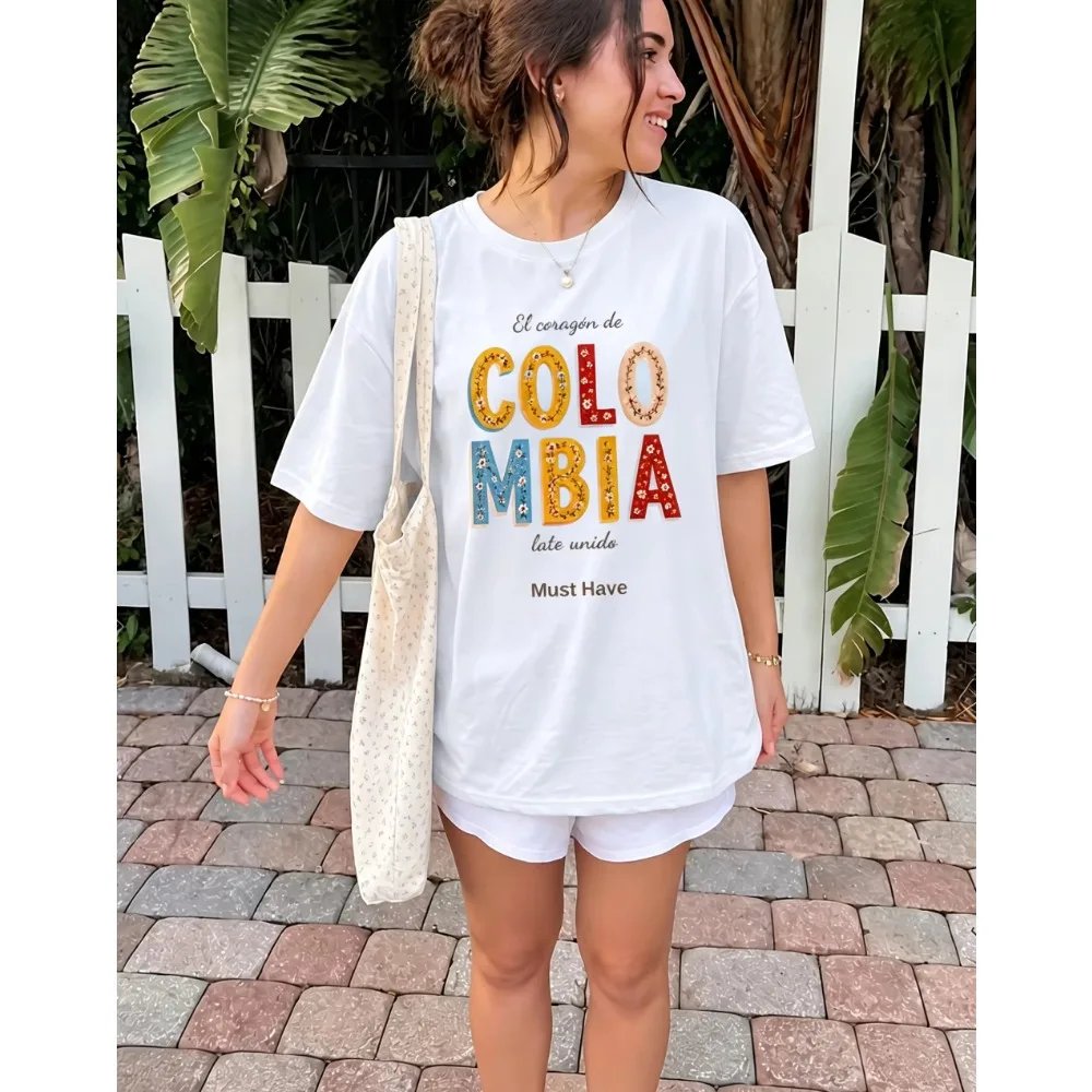 Colombia Lettering T Shirt Floral Graphic White Crewneck Loose Top Apparel for Women Men Summer Picnic Canvas Bag Walk Wear