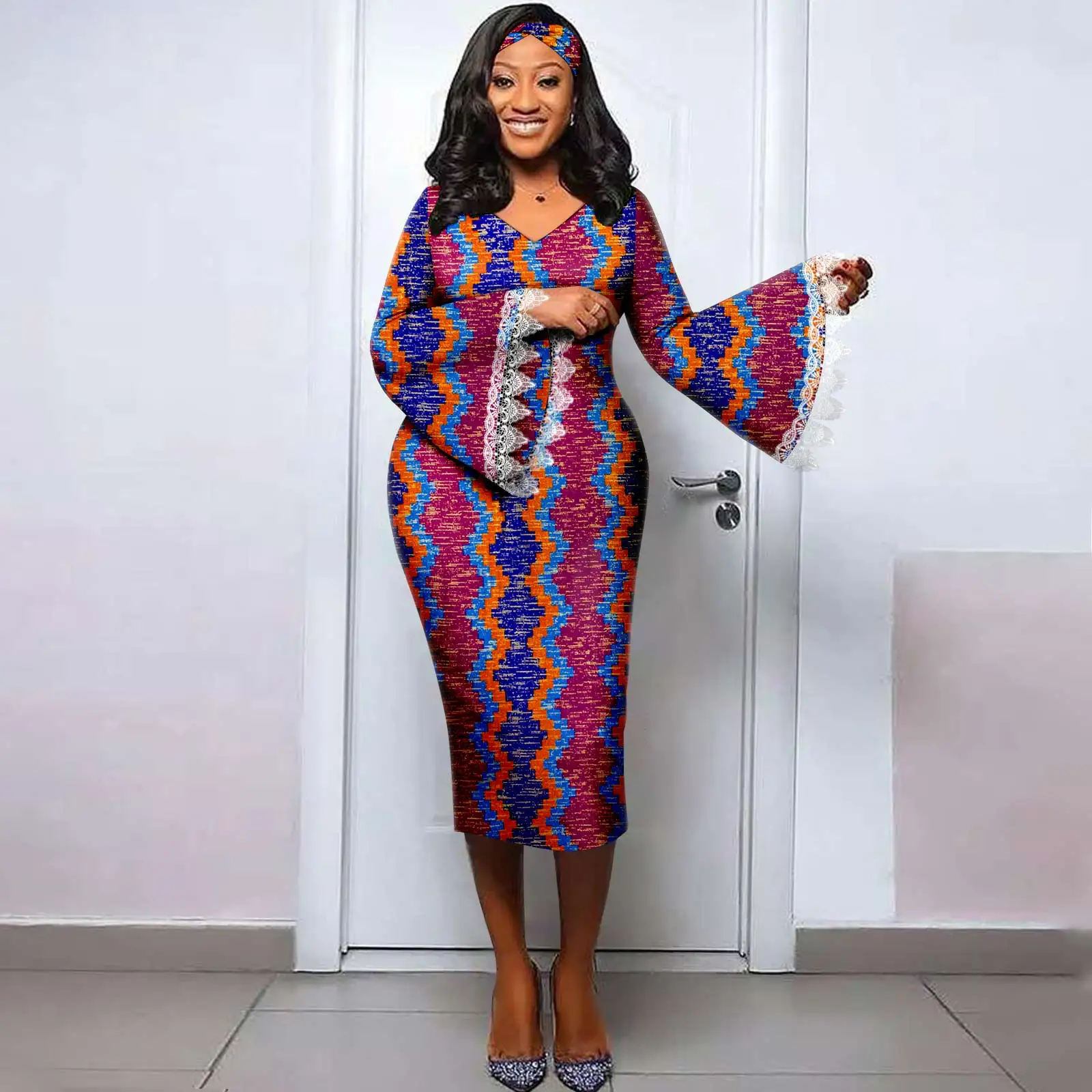 여성을위한 아프리카 드레스 2023 Dashiki 전통 여름 v 넥 레이스 슬리브 (머리띠 포함) 앙카라 파티 저녁 Y 2325064