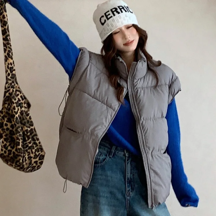 Stand Up Collar Cotton Vest Women's Short Candy Color Women's Sleeveless Vest Korean Version Waistcoat Looose Coat Jacket Women