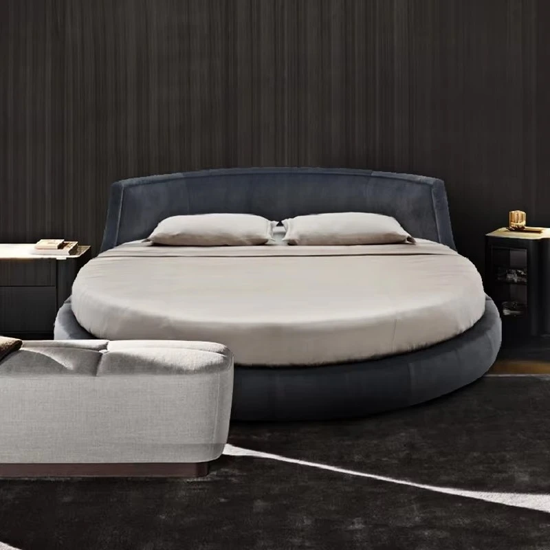 xj-Italian Modern Luxury Furniture Genuine Leather Round Bed Double Bed Luxury Fabric Embroidery Designs King Size Beds*