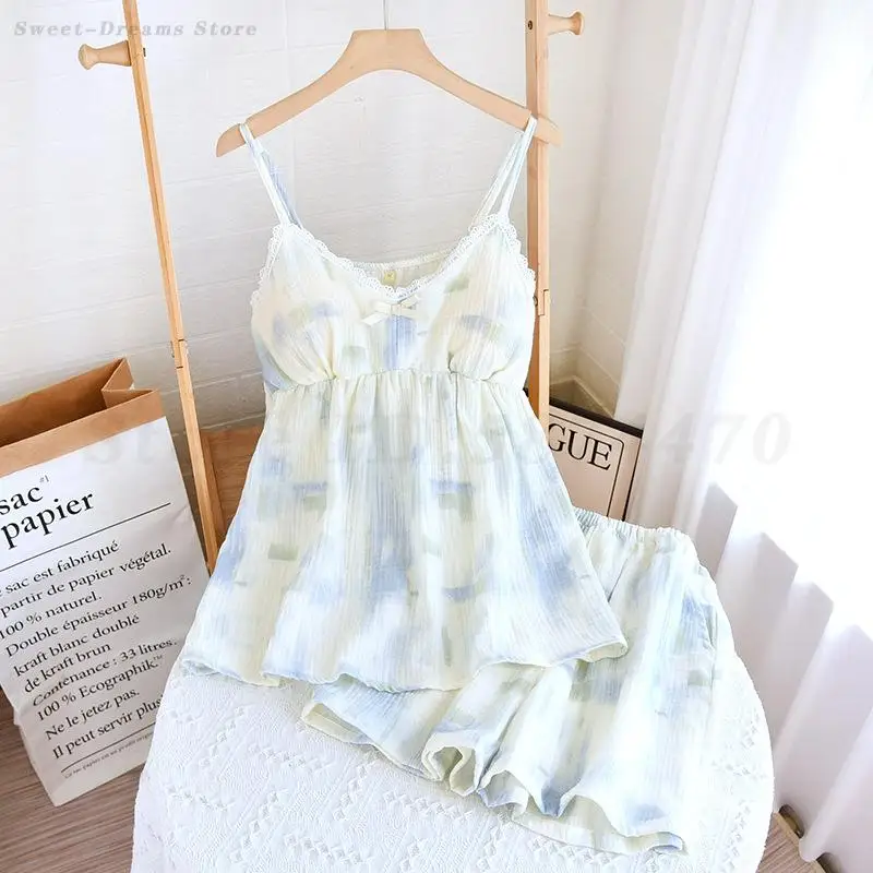 

Summer Cami&Shorts 2PCS Pajamas Set Cotton Printed Home Clothes Sexy Lace Trim Nightwear Loose Loungewear Casual Sleepwear