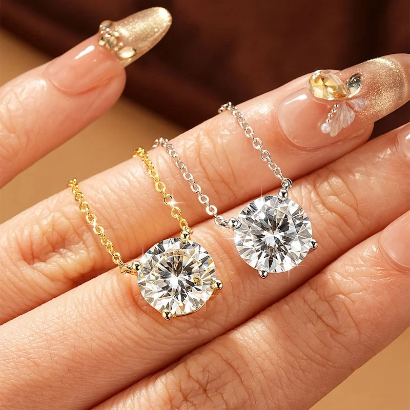 

Rrjzz Solitaire D Color 4MM-11MM Moissanite Pendant Necklace for Women Certified Round Lab Imitation Diamond Necklaces Jewelry