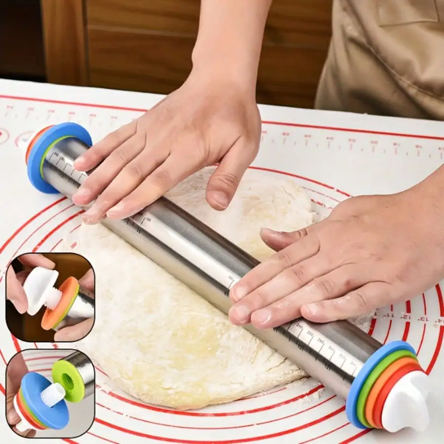 17-Inch Adjustable Stainless Steel Rolling Pin, Stainless Steel Dough Roller, Replaceable Thickness Rolling Pin, Thickness Rings, For Baking Dough, Pizza, Pastry, Pasta