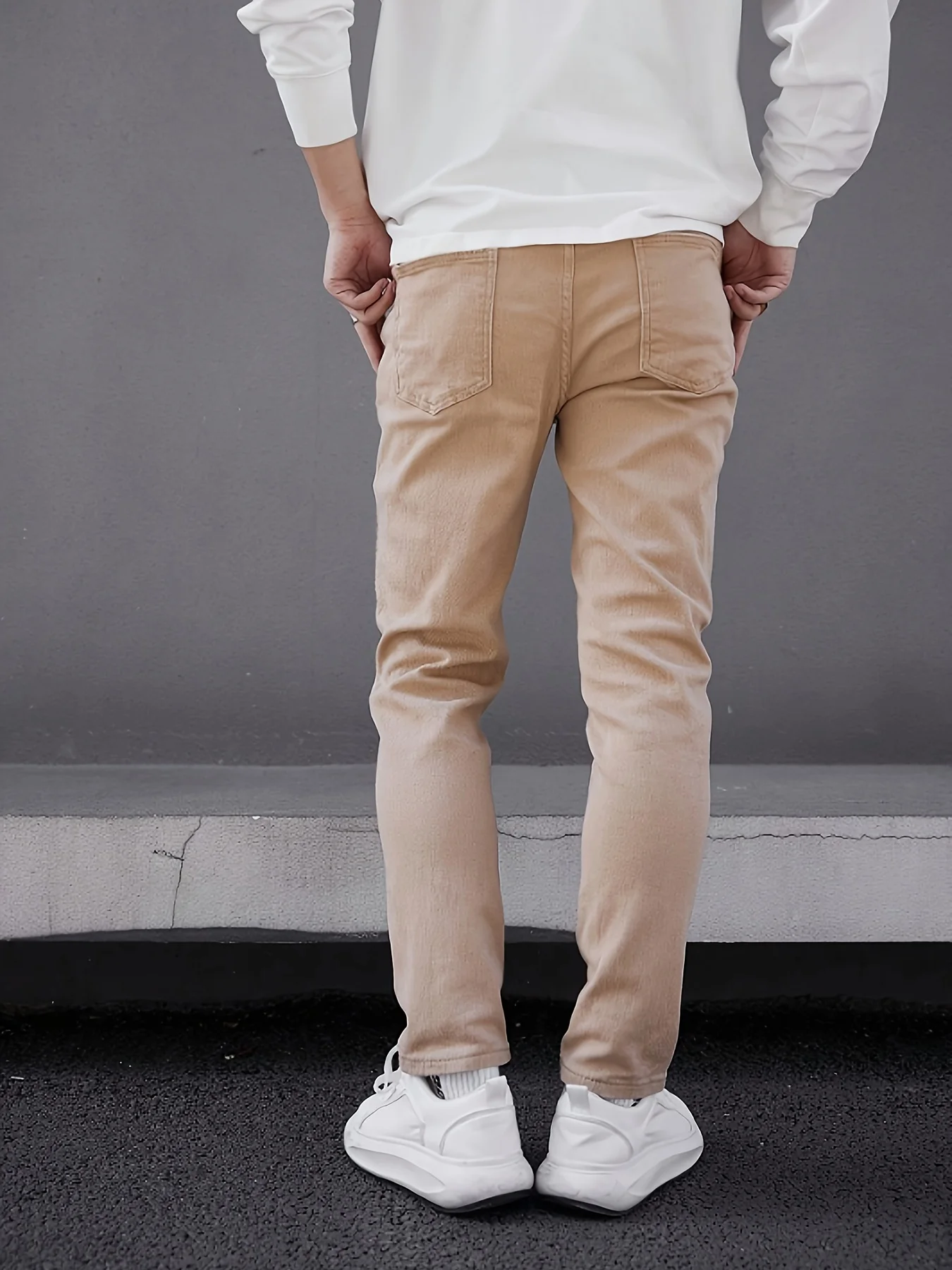 Casual herenjeans, geperforeerde kaki strakke denimbroek voor heren