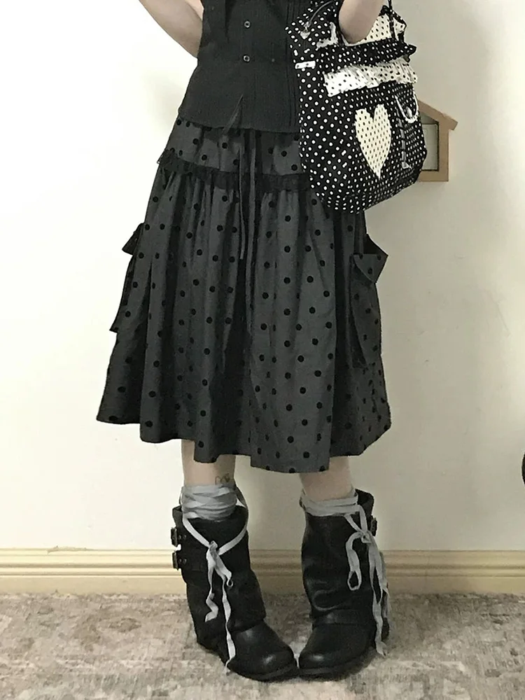 Retro Dot Y2K Midi Rock Frauen Frühling Harajuku Streetwear Hohe Taille Lose Röcke Japan Casual Große Taschen Spitze Patchwork Rock