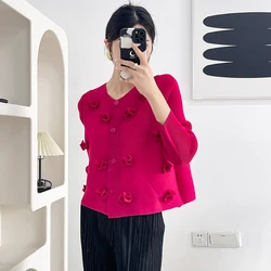 Gorgeous Miyake Pleated Shell Petal 3D Appliques Tops Women Cardigan Long Sleeve High Stretchy Loose Blouse Shirt Summer Clothes