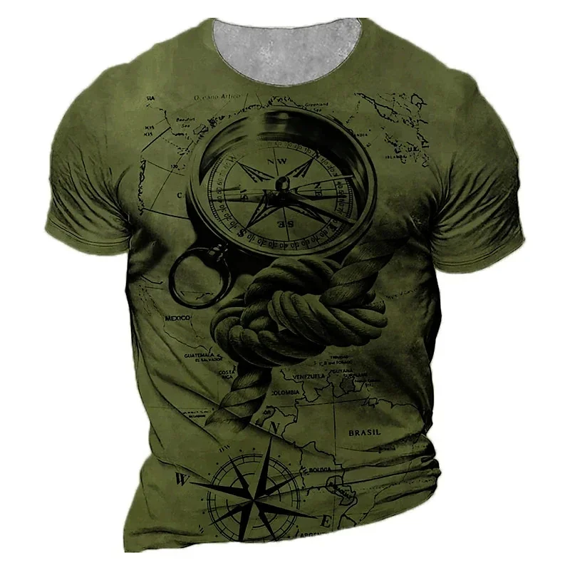 Vintage Compass Graphic T Shirt for Men Summer Casual Crew Neck Short Sleeve T-shirt Trend Street Oversized Men's Clothing Tops