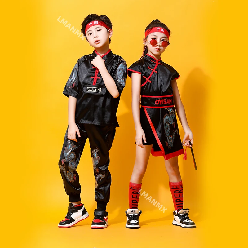 Roupas de performance de dança jazz festiva estilo chinês infantil, performances qipao de pista de dança de rua hip-hop chiques da China