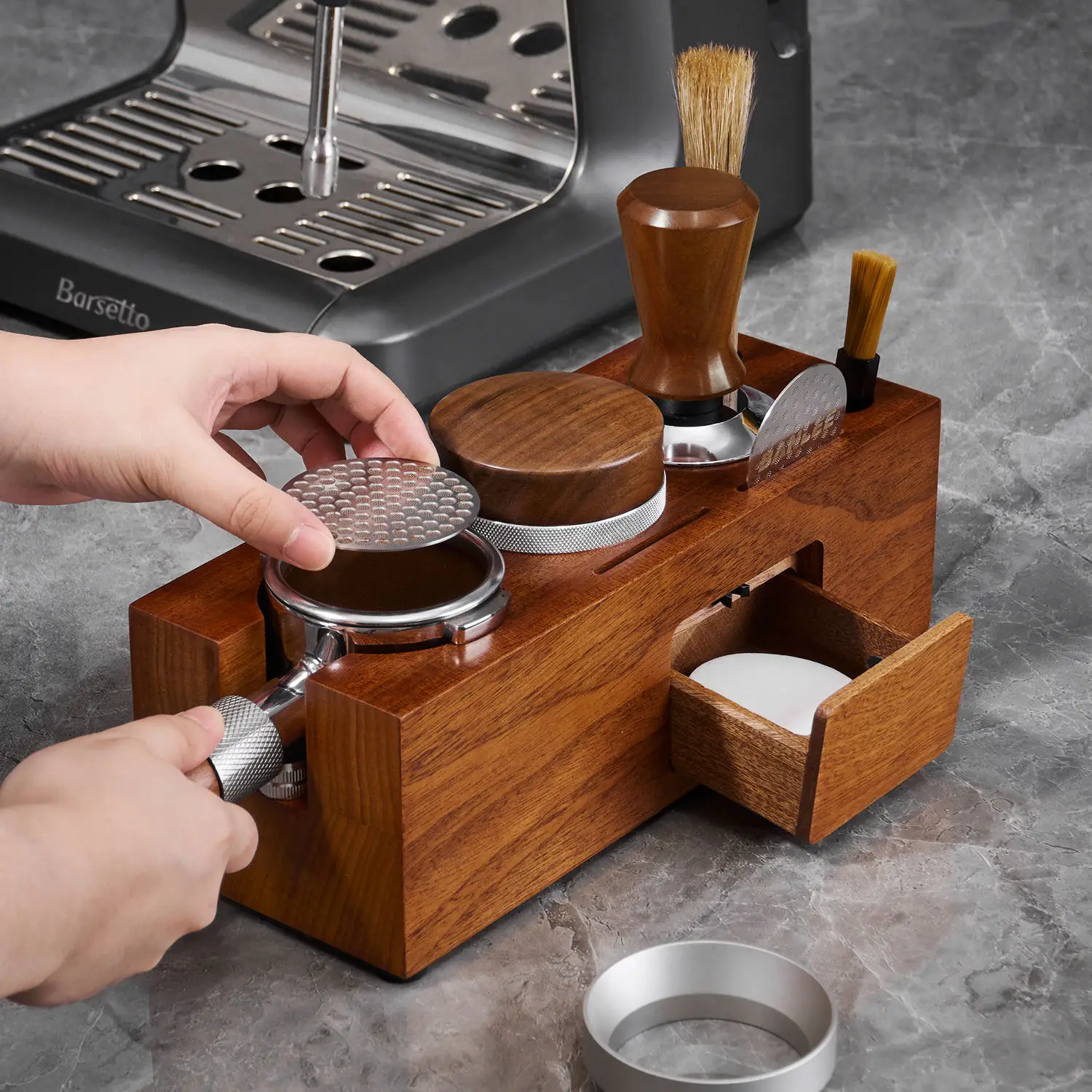 

Eco-friendly Solid Wood Coffee Needle Tamper Station New Design Multifunction Wooden Accessories Holder Rosewood Coffee