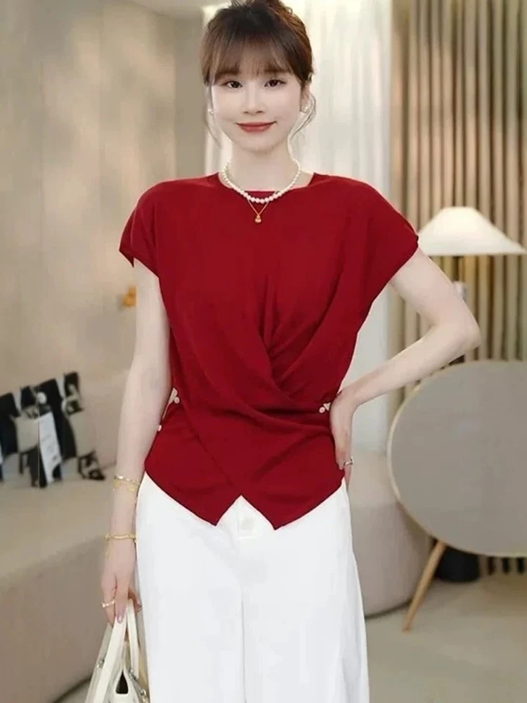 Rundes Ne Ice Silk Strickoberteil Overhead Agel Sommer Unebene Cross Slim Fit Farbe Korean Sle Pendeln Faion Damen...