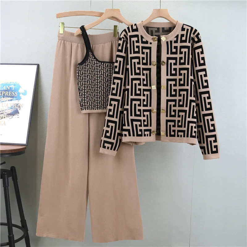 Women New Office Three Piece Set O-Neck Long Sleeved  Button Cardigan Camisole  High Waist Wide Leg Pants Fall Winter Suit