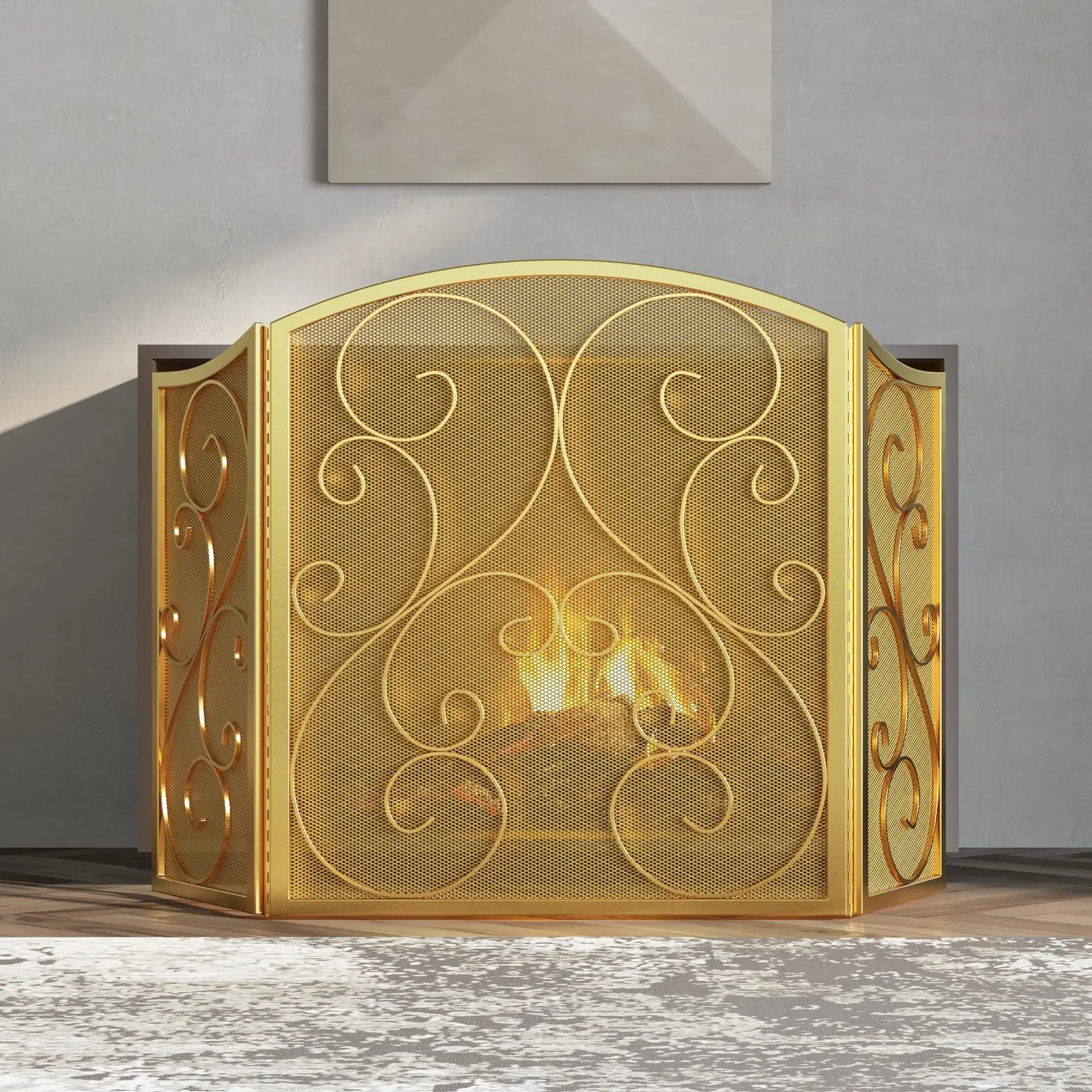 Simple modern wrought iron floor-to-ceiling fireplace, three-fold screen, living room heater with mesh fence, new