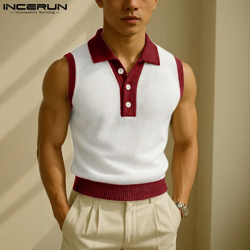 INCERUN Summer Men's Tank Tops Patchwork Lapel Sleeveless Button Casual Men Clothing Streetwear 2025 Fashion Male Vests S-5XL