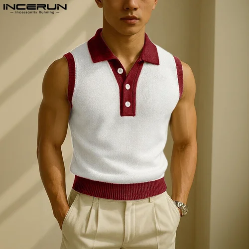 Imagen 2 del producto INCERUN, camisetas sin mangas de verano para hombre, retales con solapa, sin mangas, botón, ropa informal para hombre, ropa de calle, chalecos masculinos de moda 2025, S-5XL