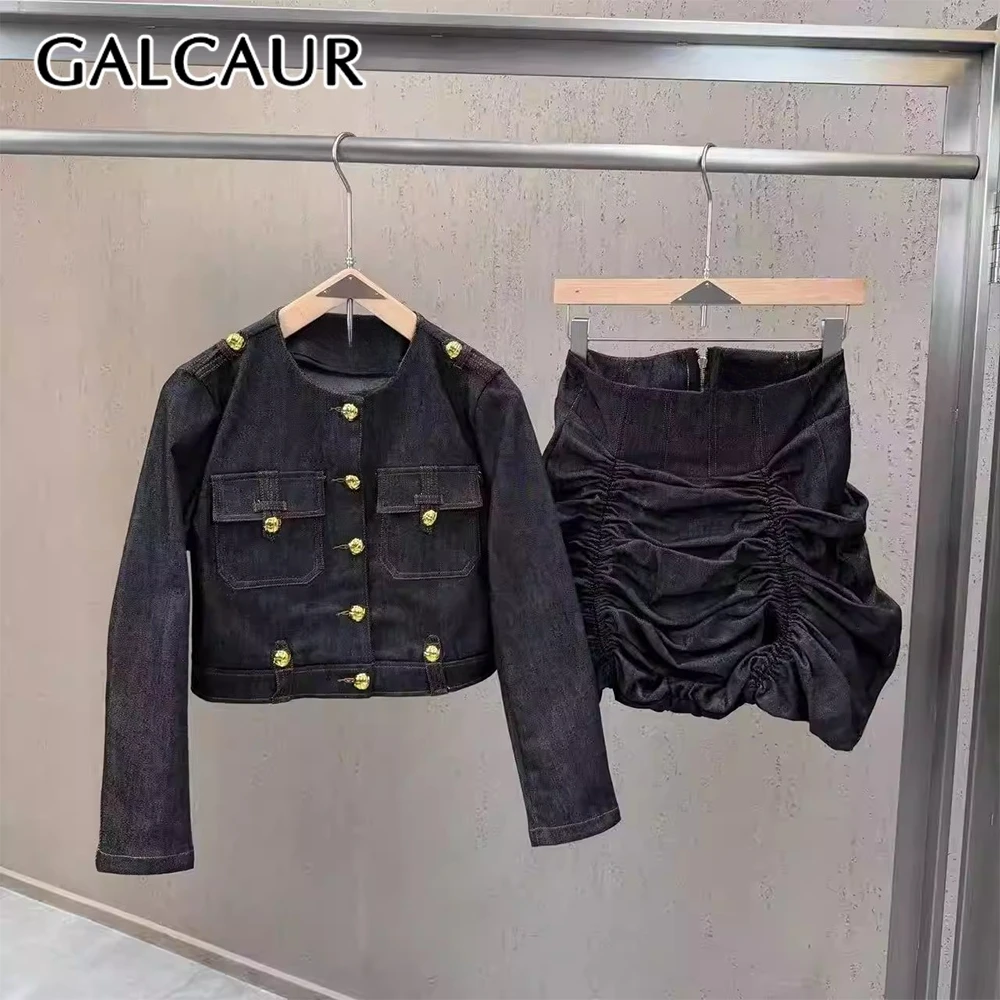 

GALCAUR Solid Fashion Two Piece Sets for Women Round Neck Long Sleeves Spliced Single Button Top Patchwork Fold Skirt Set Female